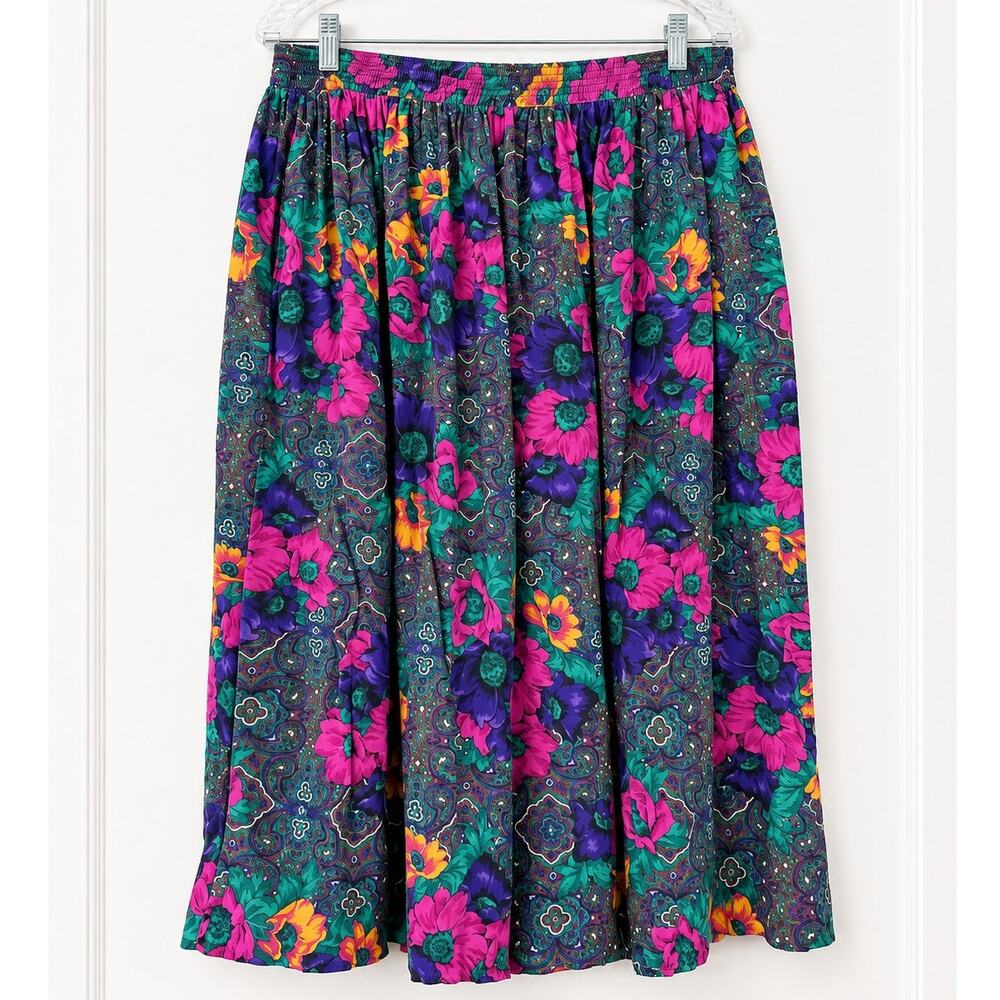 Vintage Lucia Floral Paisley Midi Skirt Purple Pink Green Elastic Waist Pockets